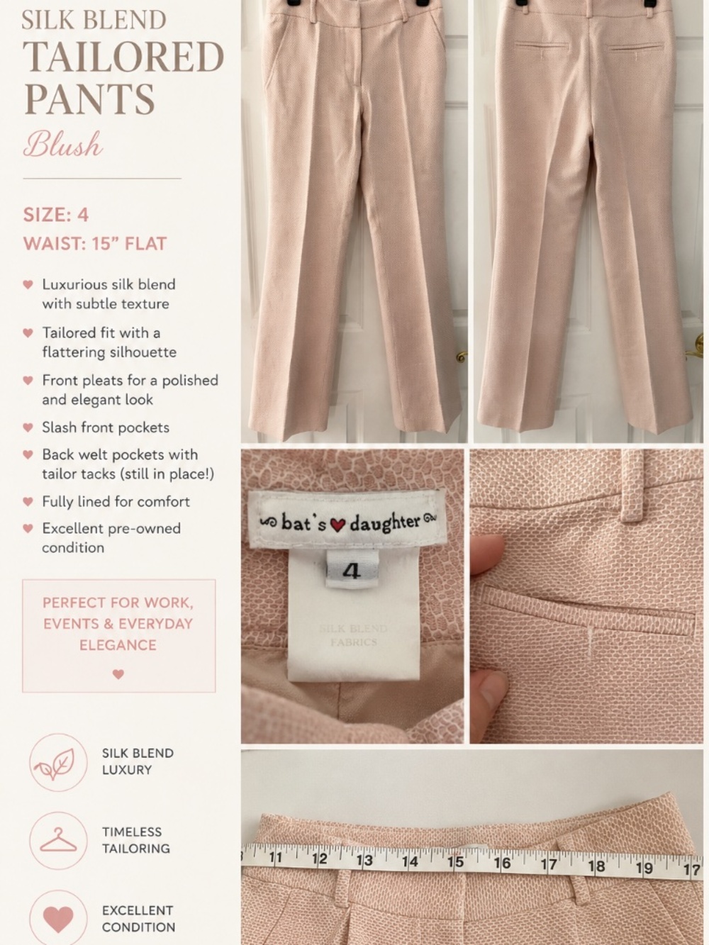 Bat’s Daughter Blush Silk Blend Tailored Pants Size 4 NWT Tailor Tacks
